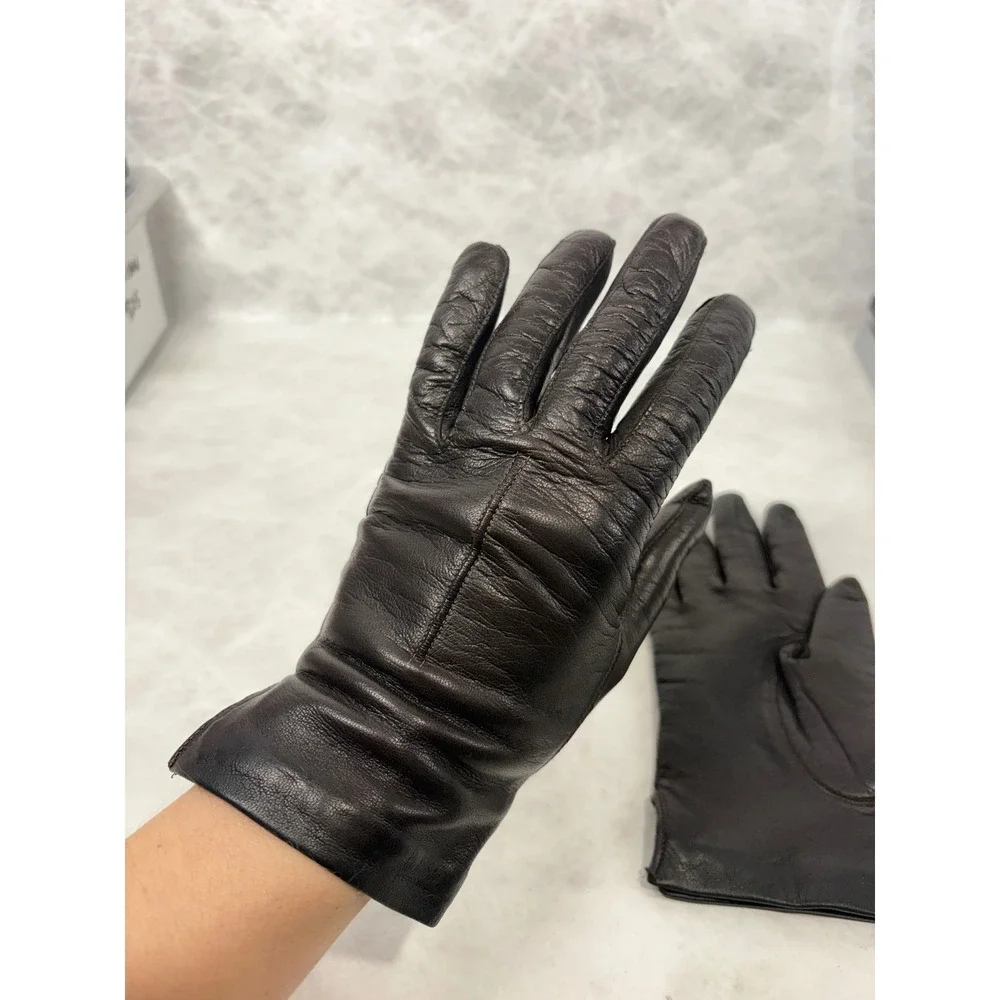 Vintage Dark Brown Leather Gloves Knit Lined Small Medium Winter Classic Brown